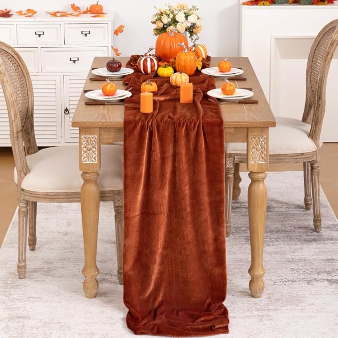 Terracotta Velvet Table Runner Fall Thanksgiving Burnt Orange Table Runner 20 x - Image 2
