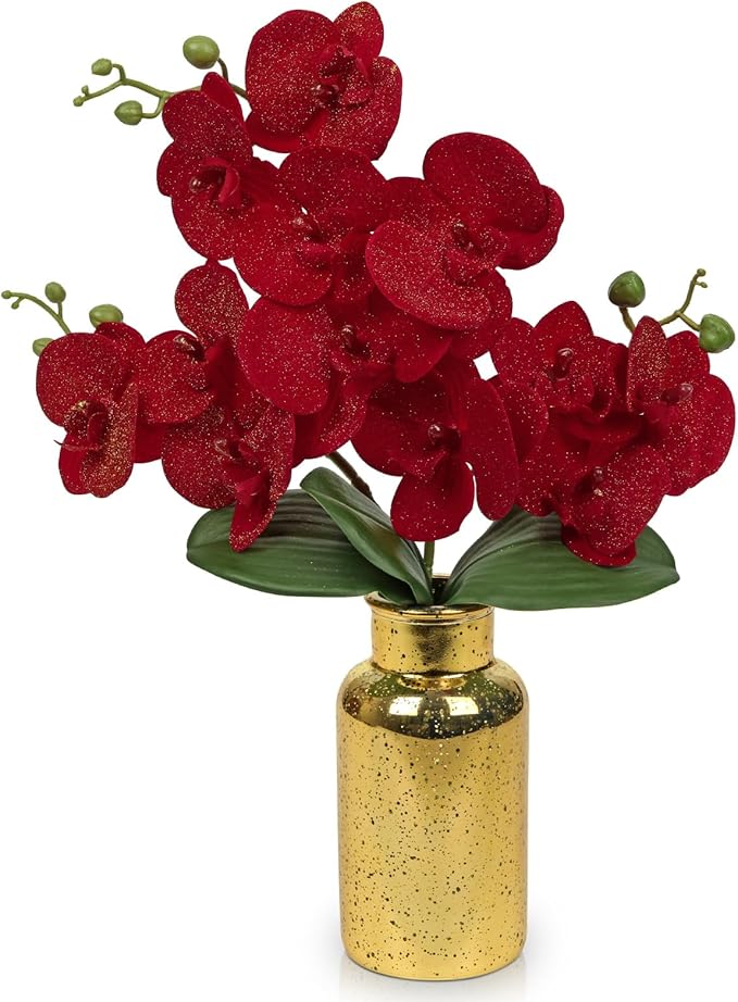 Red Orchids Artificial Flowers Faux Orchid Arrangement by Oairse