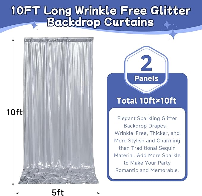leegleri 10x10ft Thick Silver Glitter Backdrop Curtain Panels - Image 6