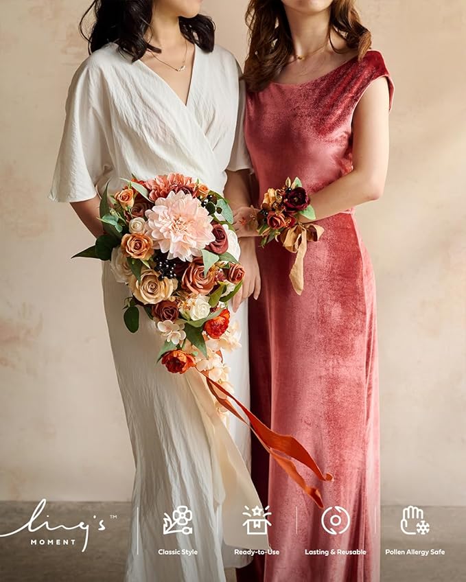 Ling's moment Terracotta Bridal Bouquet Cascading, 13 Inch Bride Bouquets - Image 10