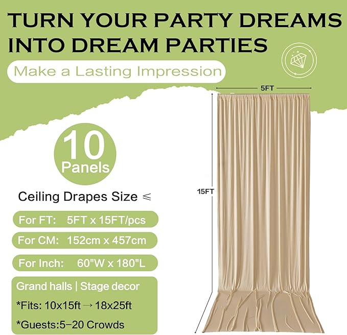 PartyVillage 50ft×15ft Beige Backdrop Curtain - Image 6