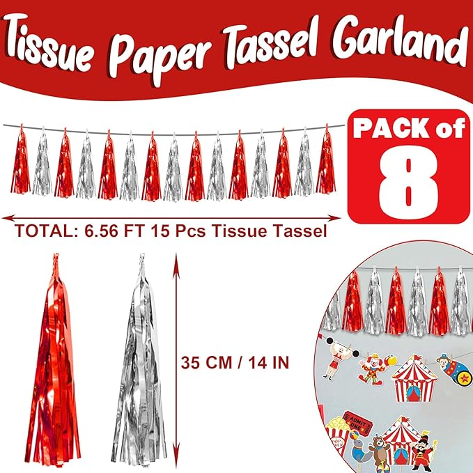 8P Red Silver Foil Fringe Metallic Tassel Streamers Banner Tassel Garland - Image 2