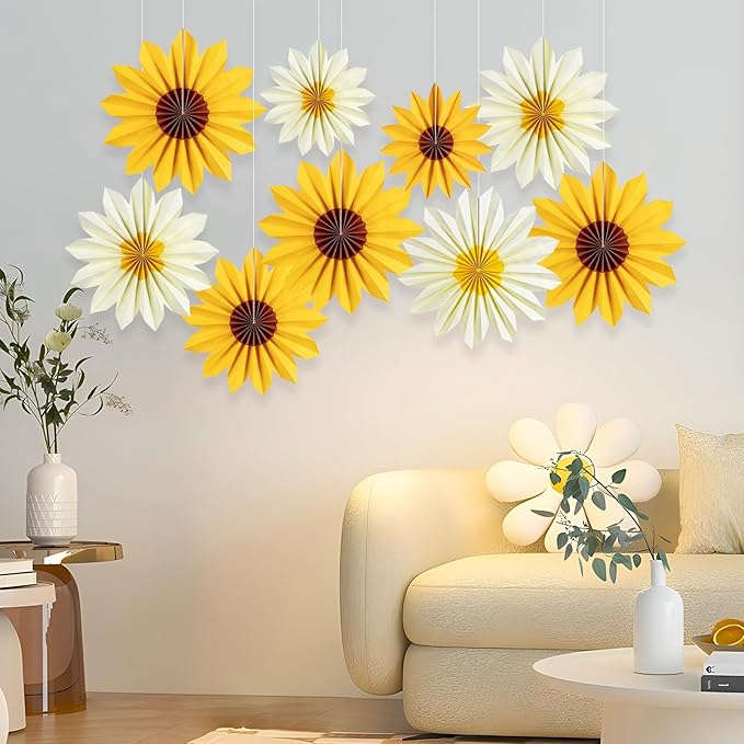 Easy Joy 9PCS Sunflower Party Decorations Sunflower Paper Fans Yellow Birthday - Image 5
