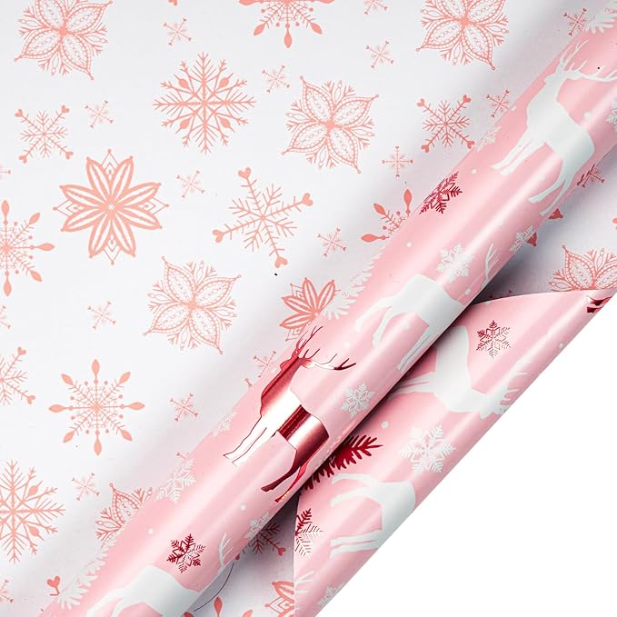 LeZakaa Christmas Pink Wrapping Paper Jumbo Roll, Reindeer & Snowflake - Image 6