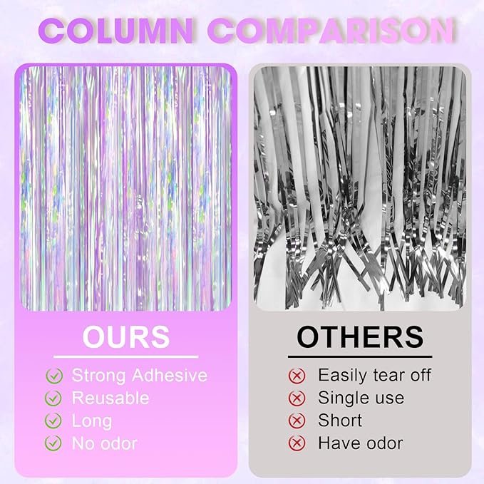 2 Pack Iridescent Purple Foil Fringe Curtains, Glittering Tinsel Streamers - Image 4