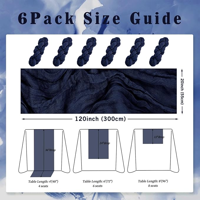 6 Pack Navy Blue Cheesecloth Table Runner 10FT Boho Fabric Rustic Cheese Cloth - Image 2