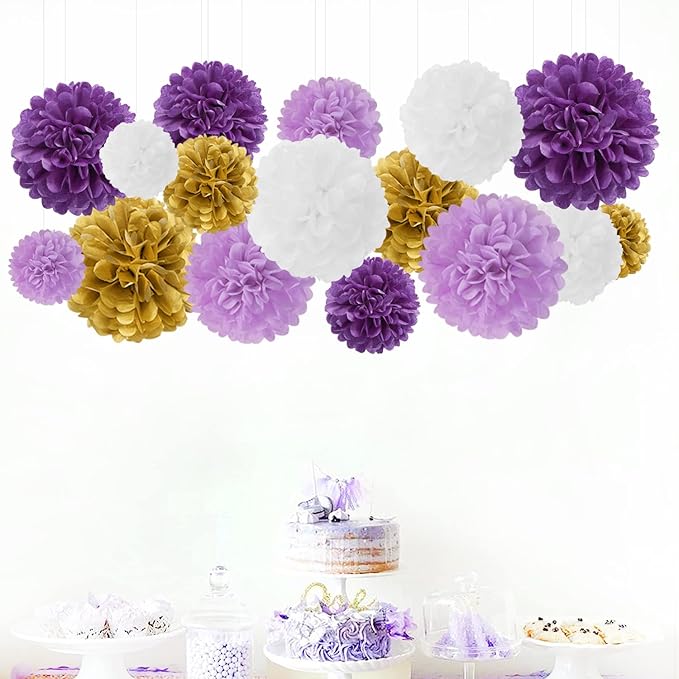 Purple White-Gold Lavender Tissue Pom-Poms - Image 5