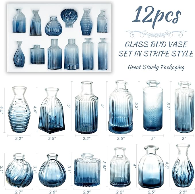 Bud Vases Set of 12, Gradient Blue Glass Vase Vintage Flower Vase - Image 2