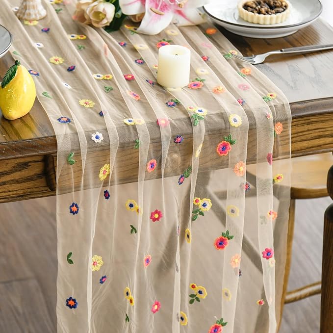 Artoid Mode 6PCS Champagne Embroidery Daisy Gauze Table Runner 120 Inch 10FT by ArtoidMode