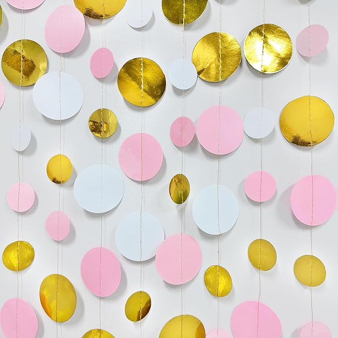 Gold and Pink Party Decorations Circle Dots Garland Metallic Gold Light Pink - Image 4