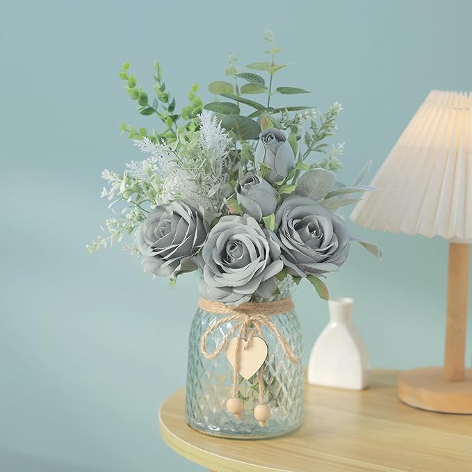 Faux Flowers with Vase, Artificial Silk Roses in Vase, Fake Plant Eucalyptus - Image 8