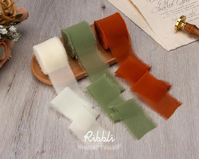 Ribbli Fall Ribbon 1.5 inch x 30 Yard Handmade Silk, Ivory/Dusty - Image 6