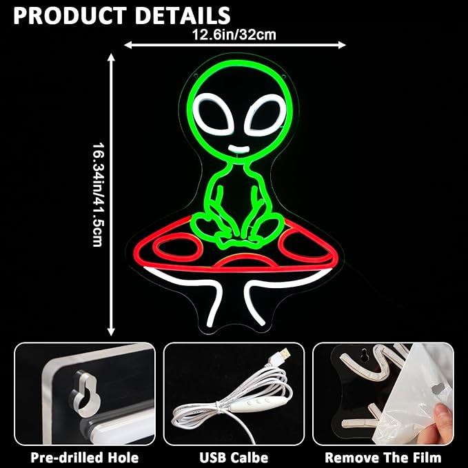 Mushroom Alien Neon Sign for Wall Decor, USB Dimmable Green Alien Neon Lights - Image 2
