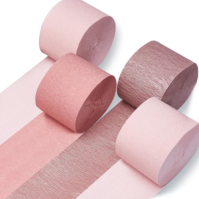PartyWoo Rose Gold Crepe Paper Streamers 4 Rolls 328 ft Pack of Metallic Rose by PartyWoo