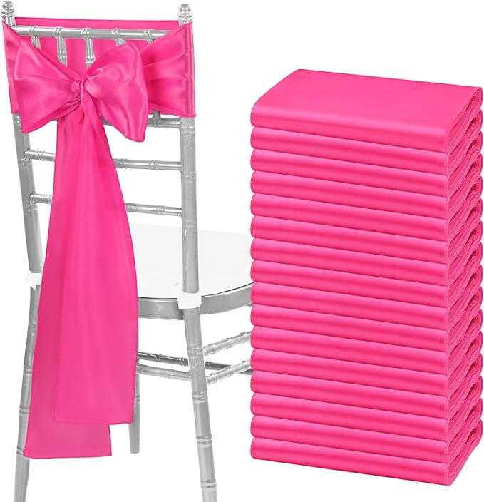 60 PCS Hot Pink Satin Chair Sashes Bows Universal Chair Cover by fani
