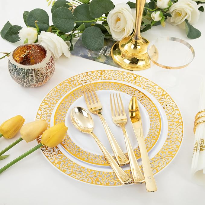 WELLIFE 350Pcs Gold Dinnerware Sets, Plates and Napkins Party Supplies - Image 6