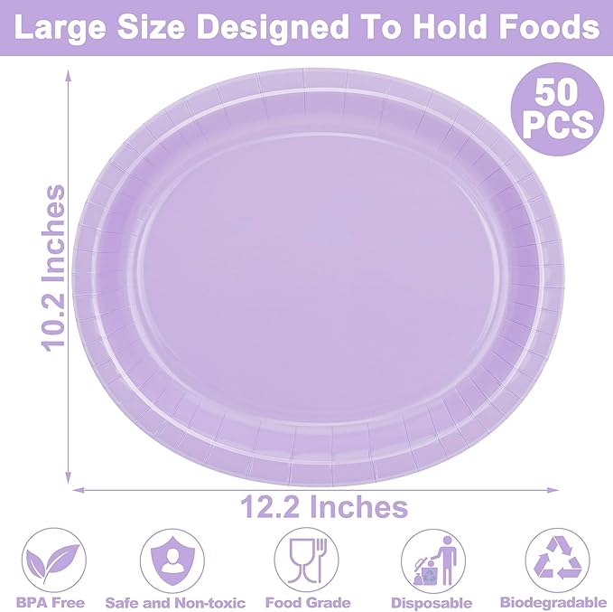 QZYL 50 Count Oval Paper Plates, 12.2'' X 10.2'' Large Lavender Disposable - Image 2