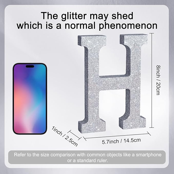 TONIFUL 8 Inch Silver Glitter Letter H Table Centerpiece A-Z Silver Birthday - Image 2