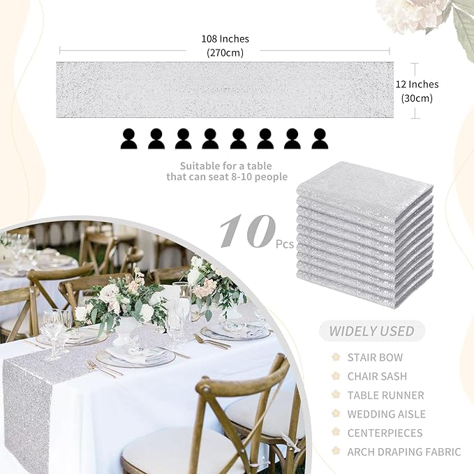 Silver Sequin Table Runners 10 Packs 12x108 Inches Holiday Celebration Sparkly - Image 3