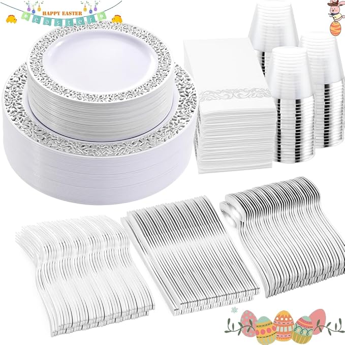 WELLIFE 350pcs Silver Party Dinnerware Set - Image 8