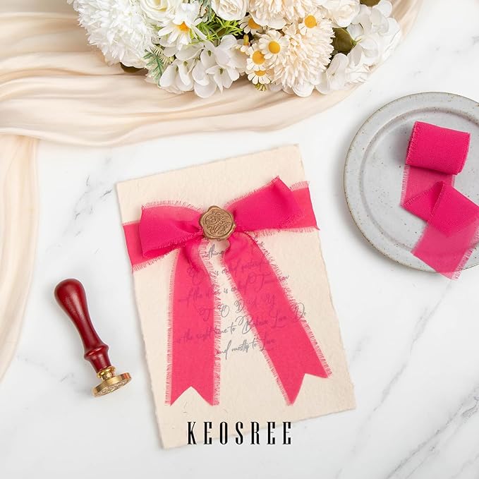 Hot Pink Pastel Pink Handmade Chiffon Ribbon, 1.5" x 21Yd Frayed Silk Ribbons - Image 3
