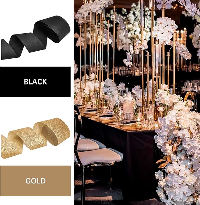 PartyWoo Crepe Paper Streamers 4 Rolls 328ft, Pack of Black and Gold Crepe Paper - Image 3