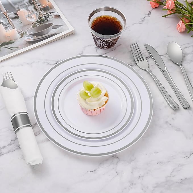 Goodluck 350 Piece Silver Plastic Dinnerware Set - Image 3