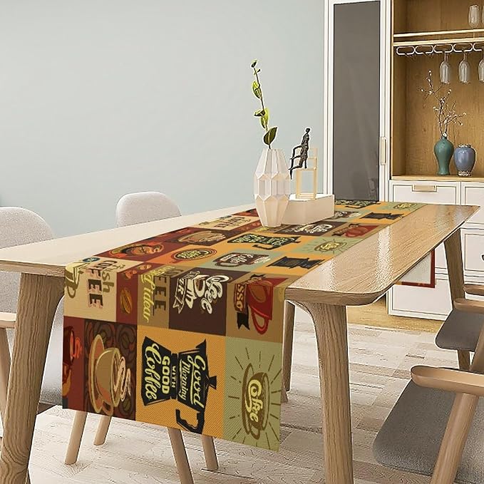 Coffee Table Runner, Vintage Style Coffee Beans Cups Theme Design Pattern Print - Image 6