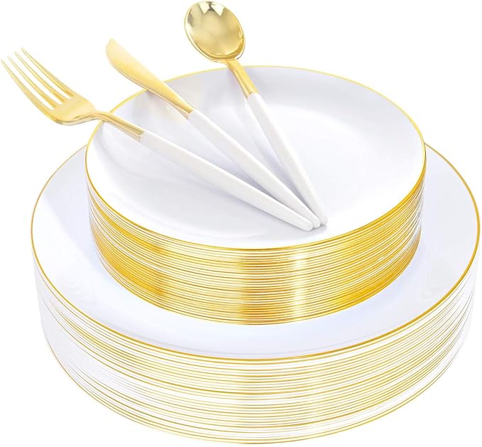 Supernal 150pcs White and Gold Plastic Plates, 30 Forks, 30 Knives, 30 Spoons by supernal