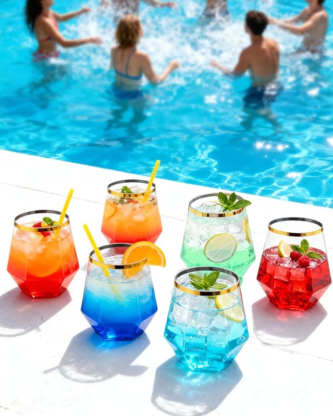 40 PCS Clear & Gold Rim 12 Oz Plastic Wine Whiskey Glasses, Diamond Stemless - Image 5