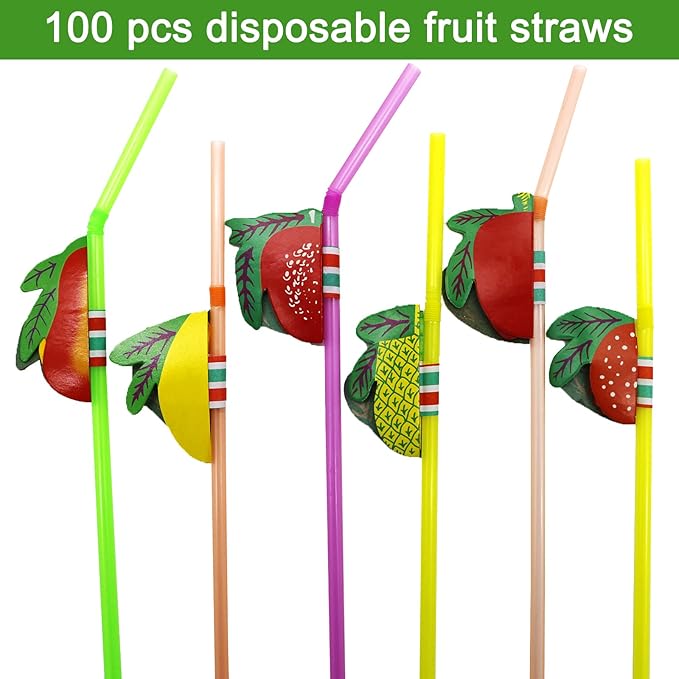 BLUE TOP Tropical Fruit Straws 9.65 Inch 100 PCS Colorful Fruit design Drinking - Image 3