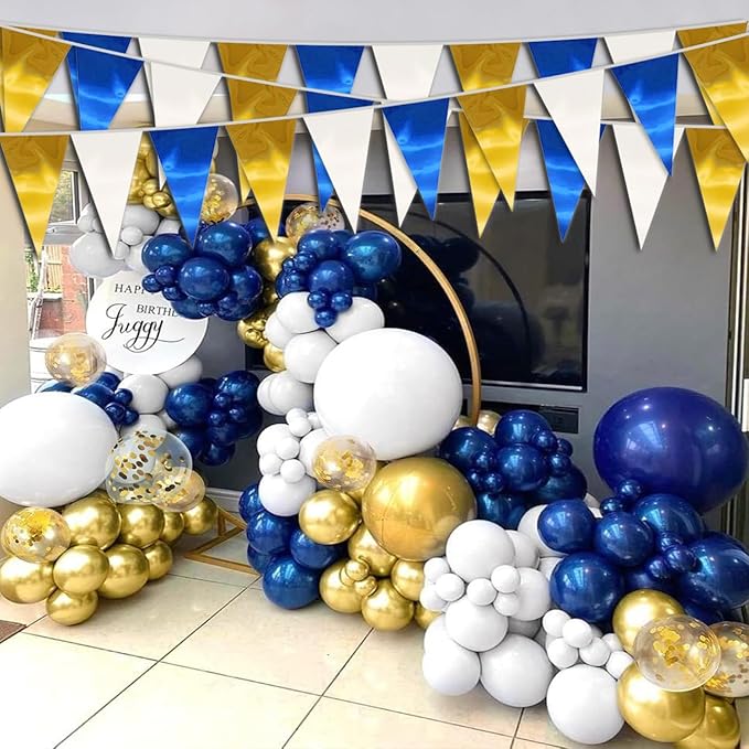 130FT Navy-Blue White Gold Triangle Pennant Banner Flag Metallic Fabric Bunting - Image 5