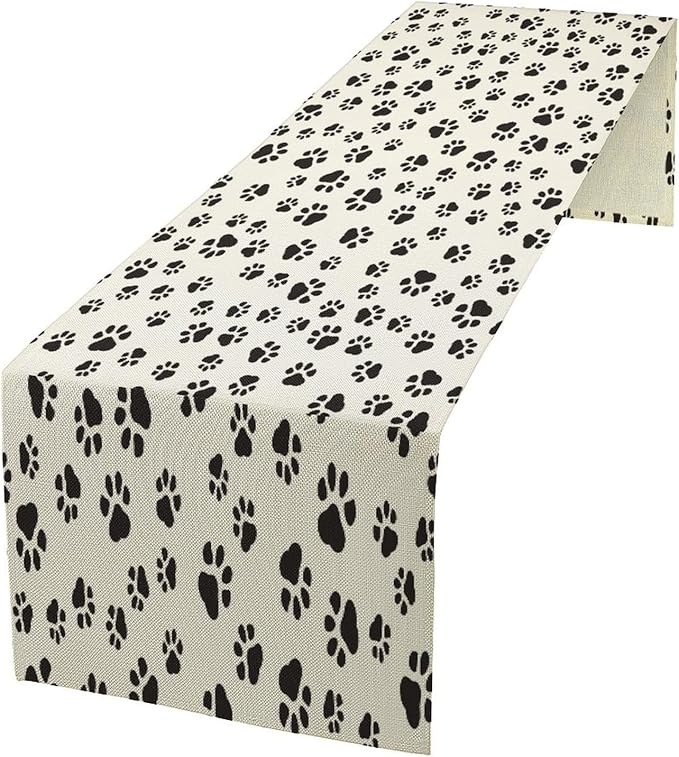 Dog Paws Table Runner, Cartoon Cute Black White Animal Footprints Abstract by Kurtect