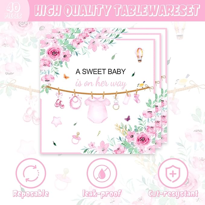 40pcs Pink Floral Baby Shower Decorations Girl Gender Reveal Supplies, Spring - Image 4