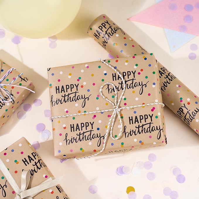 LeZakaa Birthday Kraft Wrapping Paper Roll, Happy Birthday Lettering & Colored - Image 4