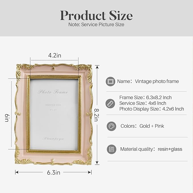 Cuspin 4x6 Vintage Picture Frame Pink and Gold Photo Frame, 4 by 6 Picture - Image 5