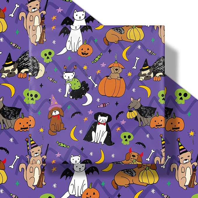 LeZakaa Halloween Purple Animal Wrapping Paper Roll, Cat Dog in Halloween - Image 6