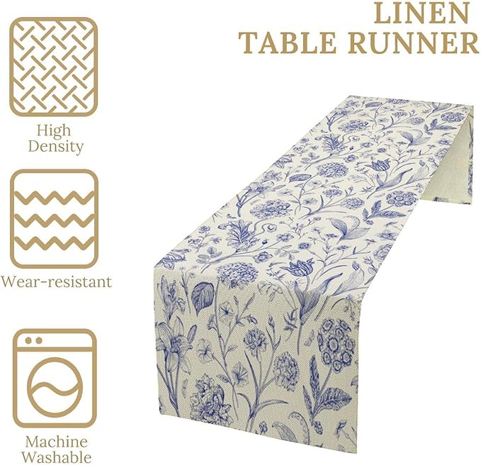 Monochrome Sketch Flowers Table Runner, Seasonal Spring Fall Plants Blue - Image 4