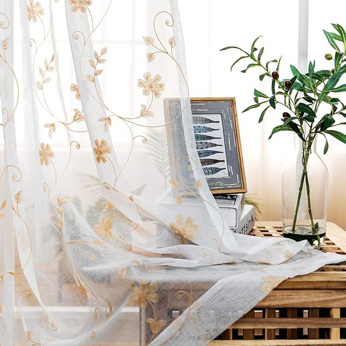 Embroidery Sheer Curtains Gold 63 Inch Length, Rod Pocket Voile Drapes by MYSTIC-HOME