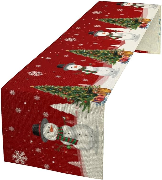 Christmas Table Runner, Snowman Rustic Red Snowflake Winter Table Cloth Kitchen by Unknown