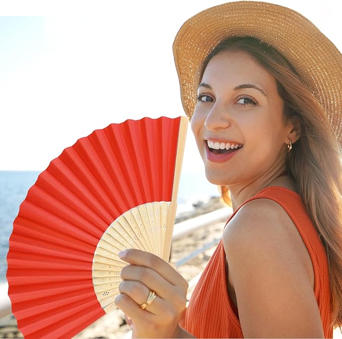 12 Pieces Red Hand Held Bamboo Folding Fans Paper Fans Handheld - Image 7