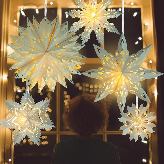 5 Pack Christmas Paper Snowflake Lanterns, Christmas Paper Star Lantern - Image 2