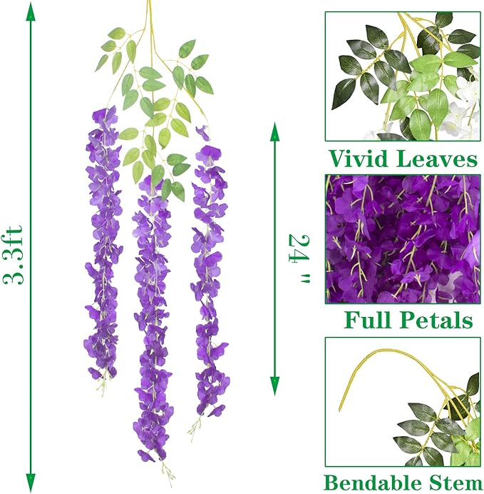 24 Pack Artificial Fake Wisteria Vine Ratta Hanging Garland Silk Flowers String - Image 2