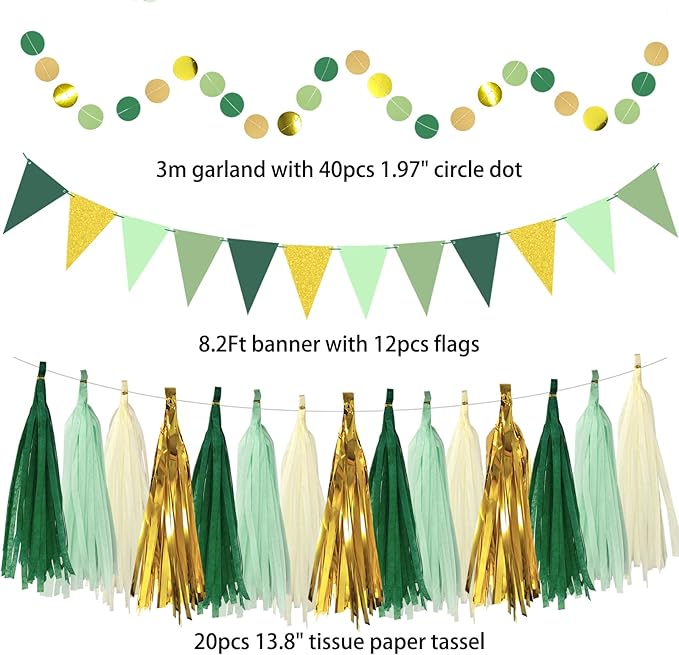 Paper Fans Party Decorations Glitter Green Gold Paper Triangle Flag Banner - Image 6