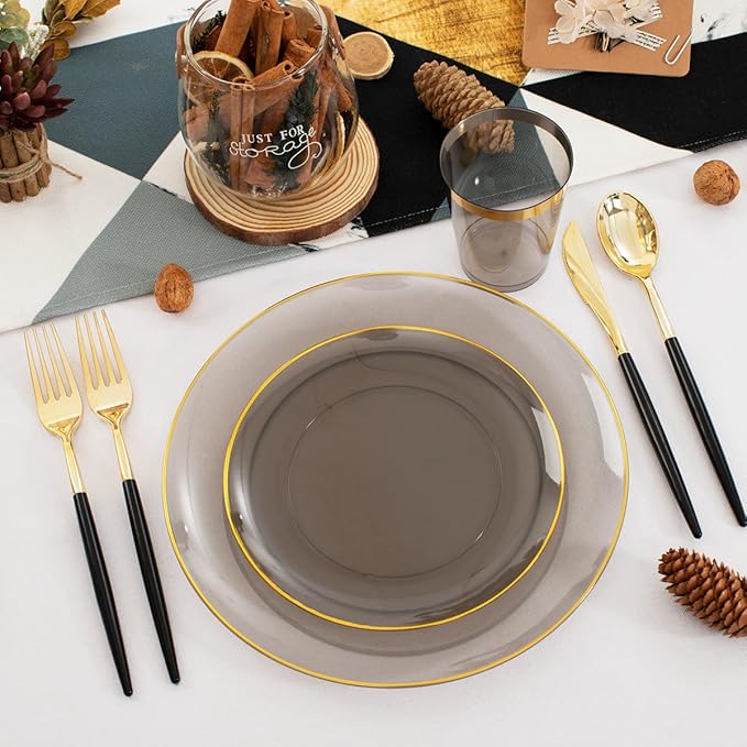 Supernal 180pcs Black Plastic Dinnerware Set Include Gold and Black Plates - Image 4