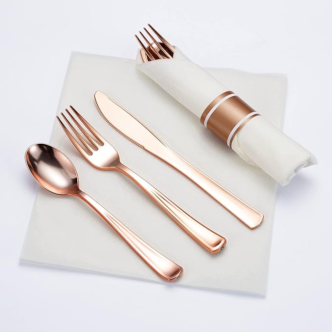 50 Pack Pre Rolled Rose Gold Plastic Silverware Set - Image 7