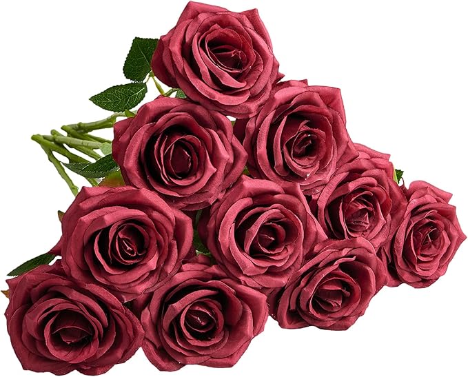 Artificial Rose 10pcs Open Flower Bouquet Faux Rose Stems by IUKnot