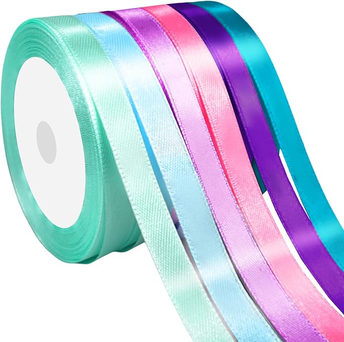 3/8" 6 Colors X 25 Yards Pink Green Blue Satin Ribbon, 150 Yards Assorted by Unknown
