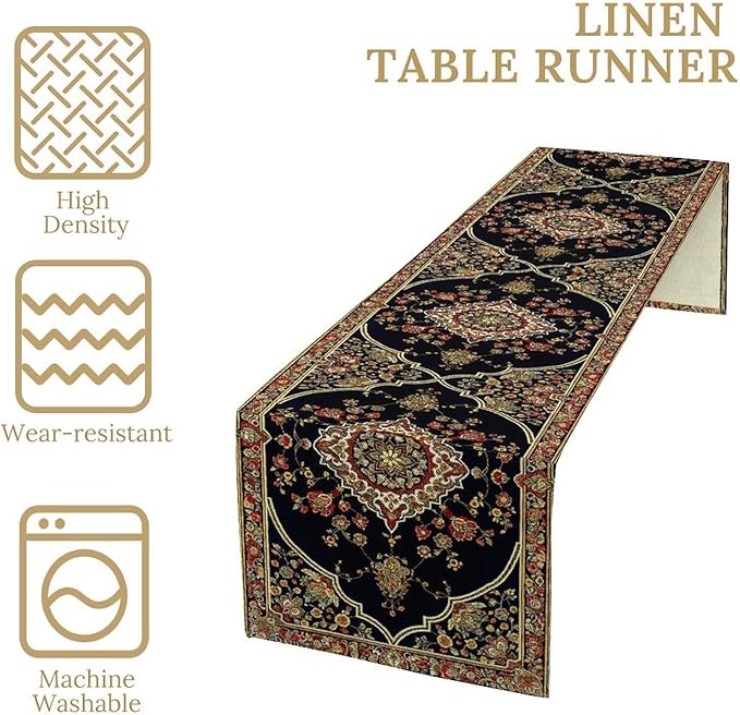 Vintage Boho Floral Table Runner, Rustic Country Farmhouse Black Bohemia Flower - Image 5