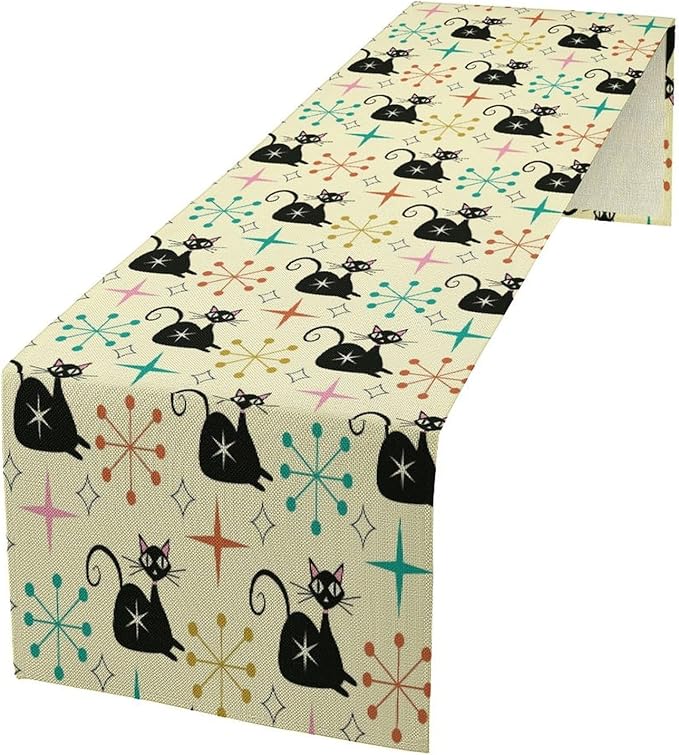 Mid Cat Table Runner, Vintage Black Cat and Atomic Stars 1950s 1960s Abstract by ICMOLYYENLO